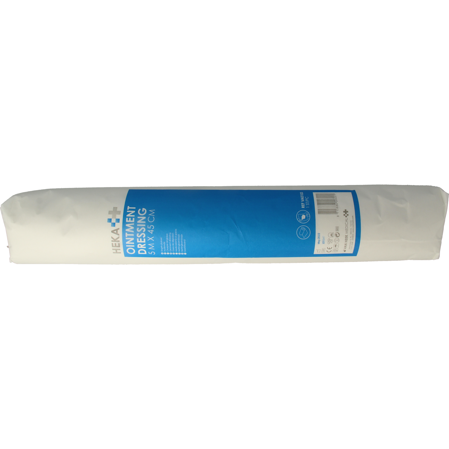 Heka ointment dressing with Engels pluksel, 5m x 45cm, sterile watten dressing for wound care, in packaging.