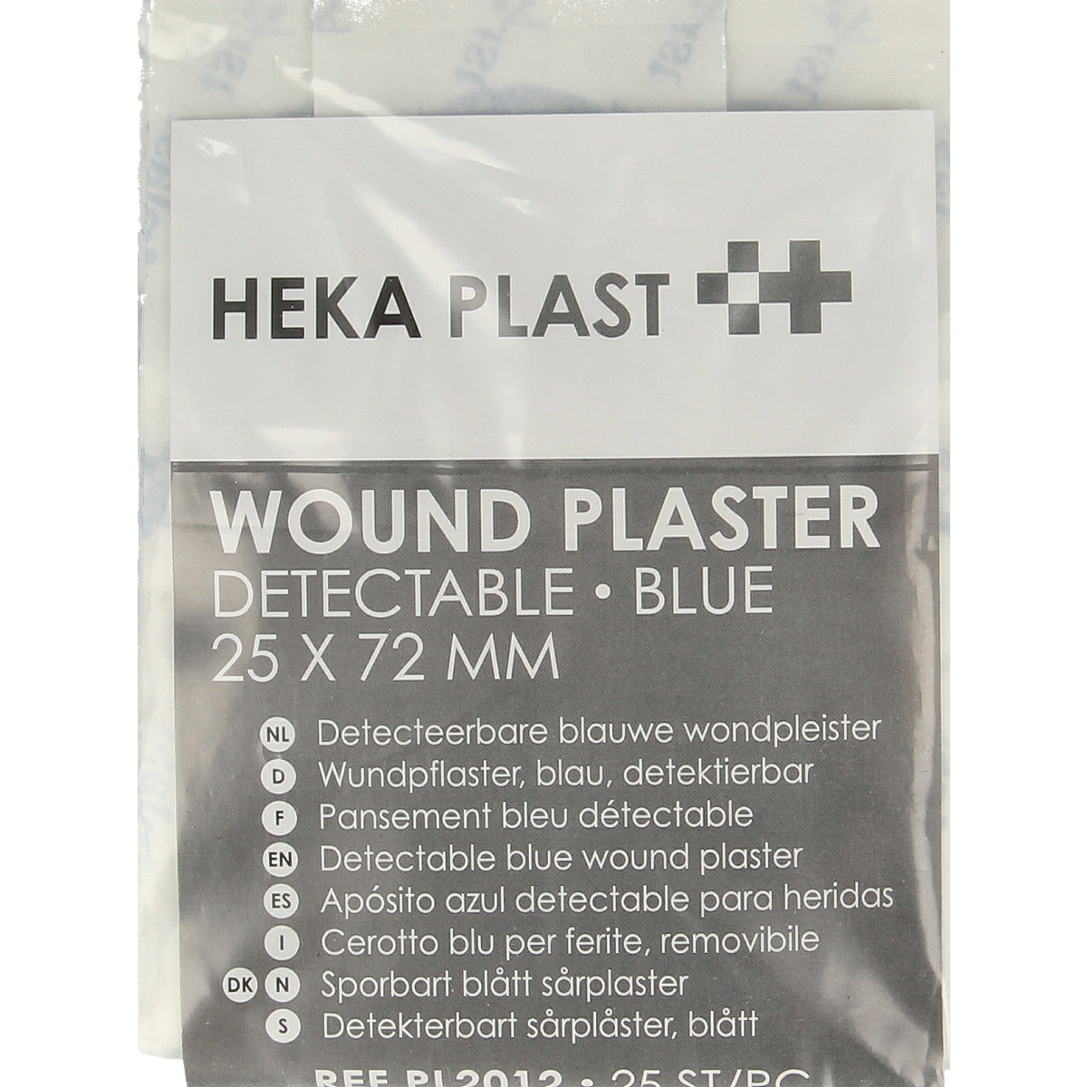 Blue Heka adhesive bandages, 72 x 25mm, shown in a box of 25, used for wound care and first aid.