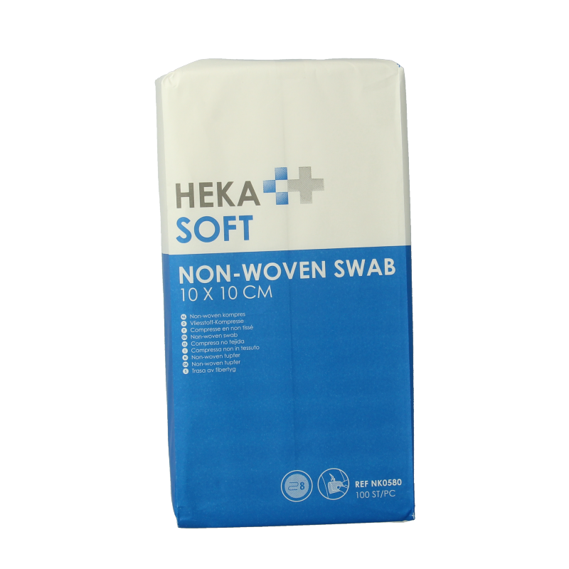 Heka Soft non-woven compress 10x10cm, non-sterile, 8 layers, pack of 100, used for wound care and medical applications.