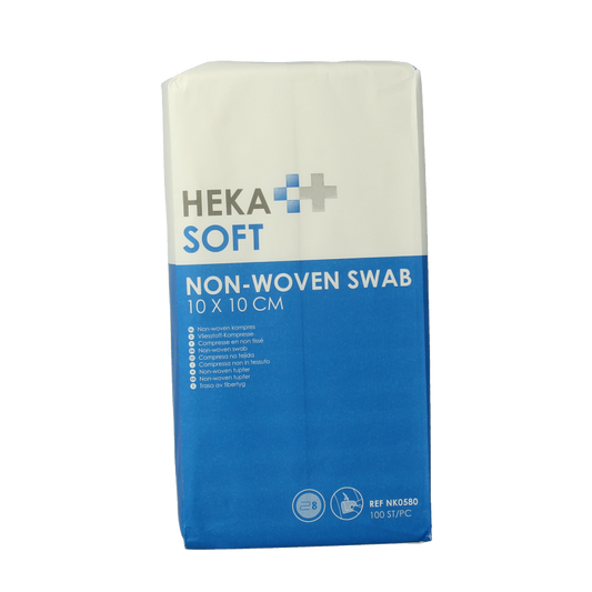 Heka Soft non-woven compress 10x10cm, non-sterile, 8 layers, pack of 100, used for wound care and medical applications.