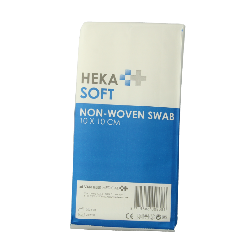 Heka Soft non-woven compress 10x10cm, non-sterile, 8 layers, pack of 100 for medical use, soft gauze and compresses.