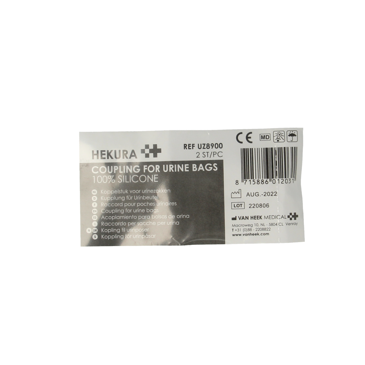 Hekura Koppelstuk urinezak, 2.00 stuks, voor katheter en urinaal, with clear plastic connector for medical urine collection.