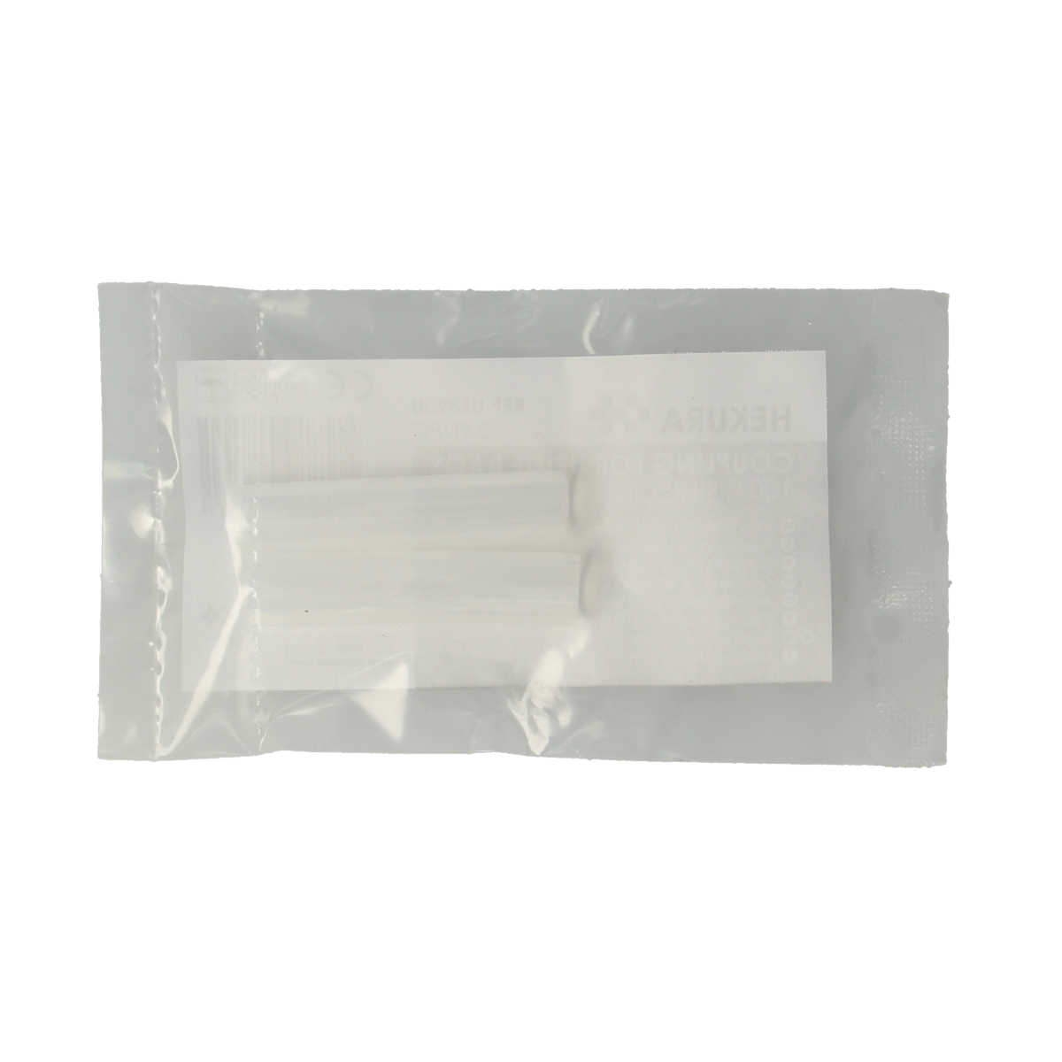 Hekura Koppelstuk urinezak, set of 2, for catheters and urinals, made by Hekura, with a clear plastic connector for medical use.