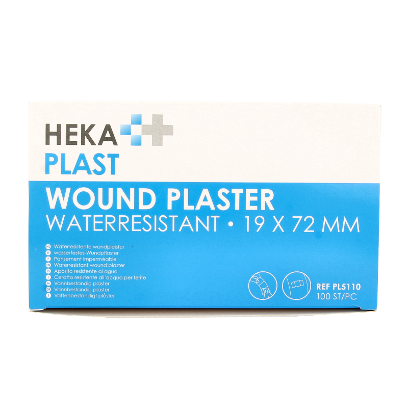 Hekaplast water-resistant plasters 19x72 cm, pack of 100, adhesive bandages for wound protection and skin comfort.