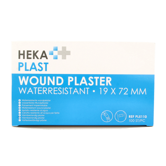 Hekaplast water-resistant plasters 19x72 cm, pack of 100, adhesive bandages for wound protection and skin comfort.