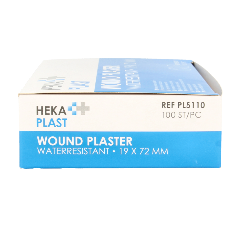 Hekaplast water-resistant adhesive bandages 19x72mm, pack of 100, suitable for wound protection and healing.