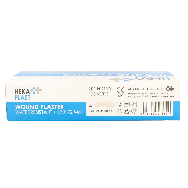 Water-resistant Hekaplast plaster strips, 19x72 mm, pack of 100, suitable for wound care and skin protection.