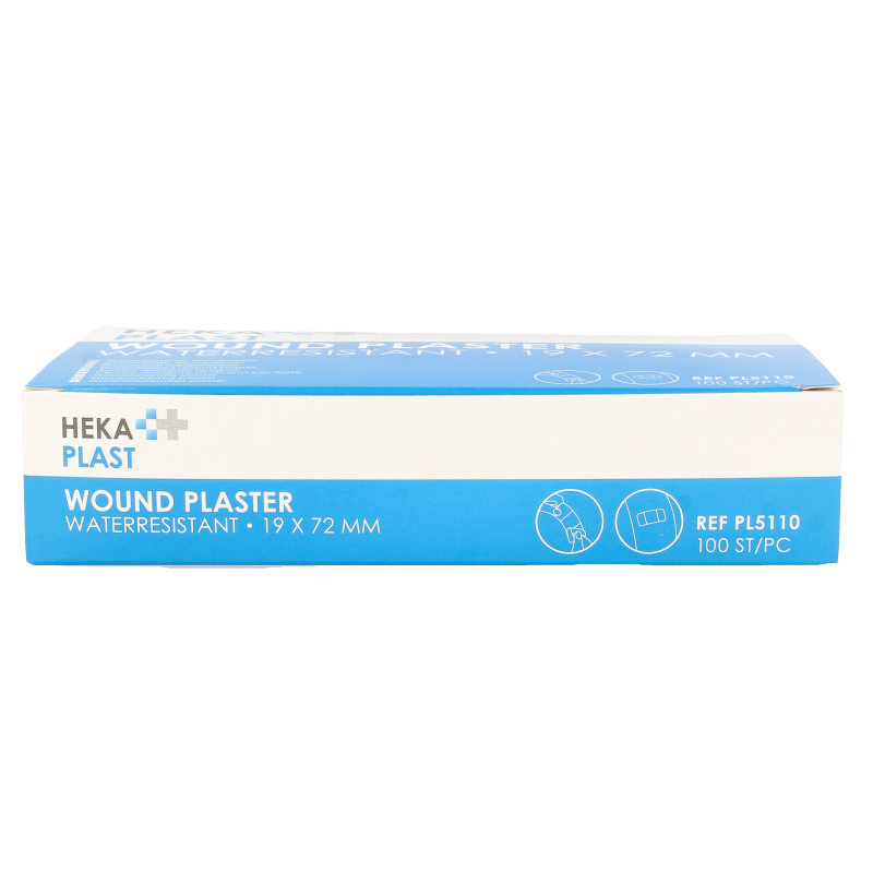 Water-resistant Hekaplast plasters in 19x72mm, pack of 100, suitable for minor cuts and wounds.