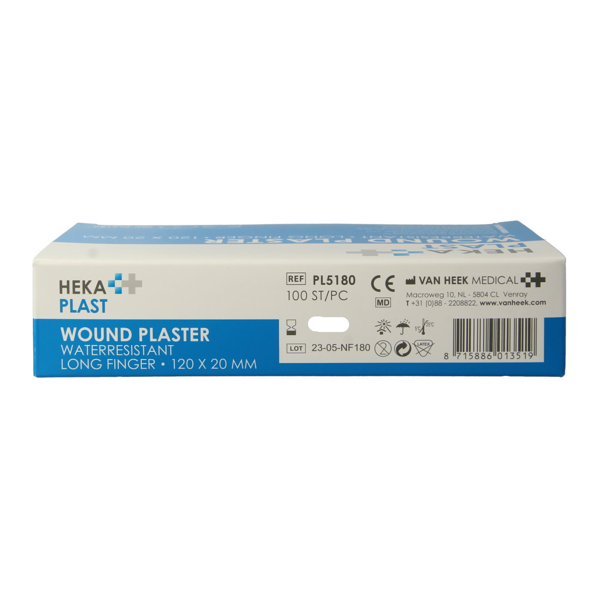 Water-resistant Hekaplast Vingerpleister finger bandages, 120x20mm, 100-pack, designed for durable wound protection.