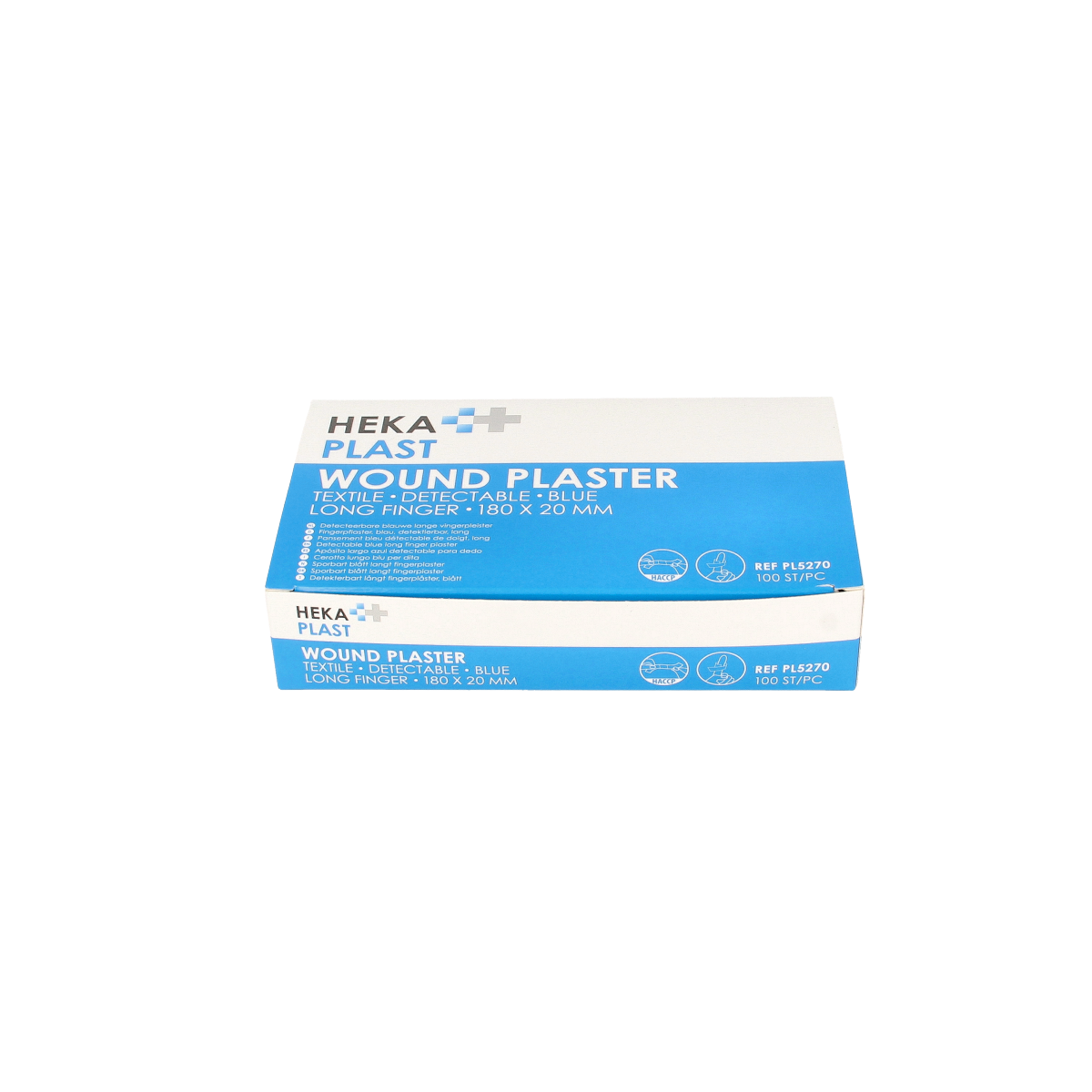 Hekaplast Vingerpleister detectable 180 x 20 mm, adhesive finger bandages for safety, shown in a box with multiple strips.