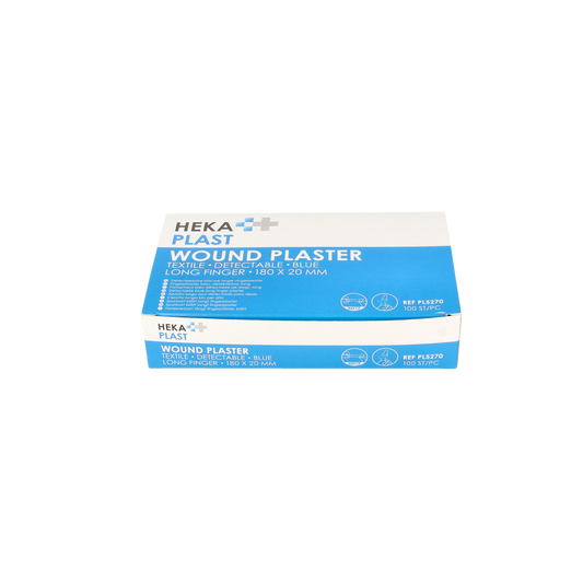 Hekaplast Vingerpleister detectable 180 x 20 mm, adhesive finger bandages for safety, shown in a box with multiple strips.