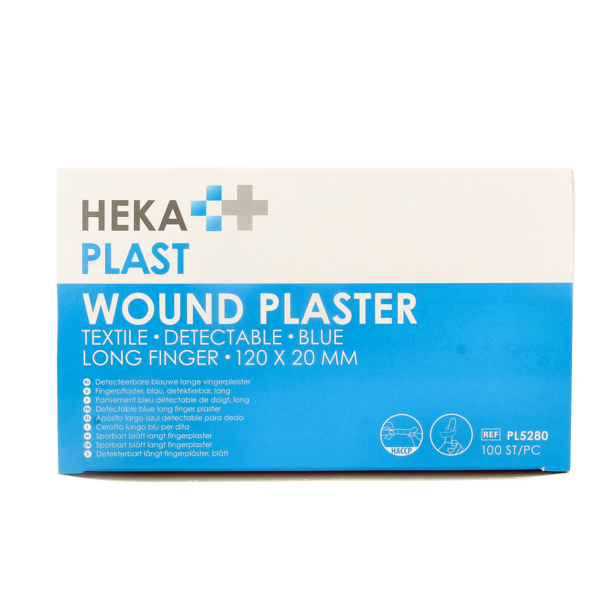Hekaplast Vingerpleister detectable elastic finger bandages, 120x20mm, 100 pack, ideal for HACCP hygiene standards.