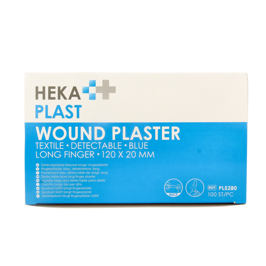 Hekaplast Vingerpleister detectable elastic finger bandages, 120x20mm, 100 pack, ideal for HACCP hygiene standards.