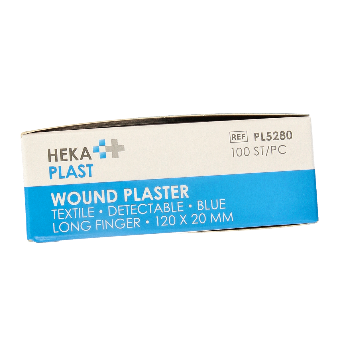 Hekaplast detectable elastic finger bandages, 120 x 20 mm, shown in a box, HACCP compliant, 100 pieces.