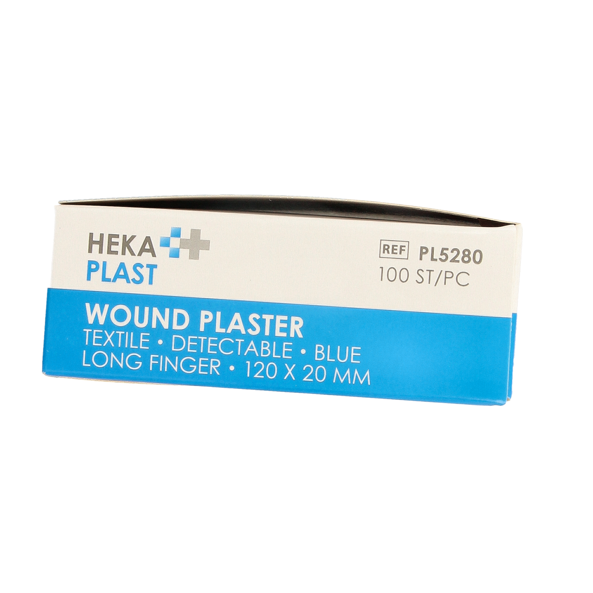 Hekaplast Vingerpleister detectable, elastic finger bandages in a box of 120, suitable for HACCP standards, shown in the image.