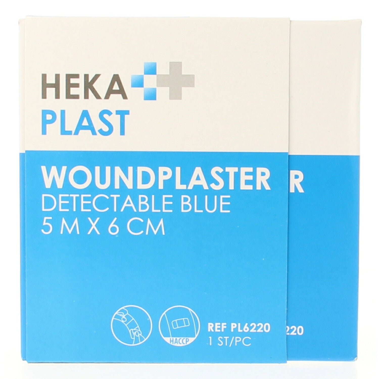 Hekaplast detectable plaster dispenser with 5m x 6cm adhesive bandage in a box, designed for wound care.