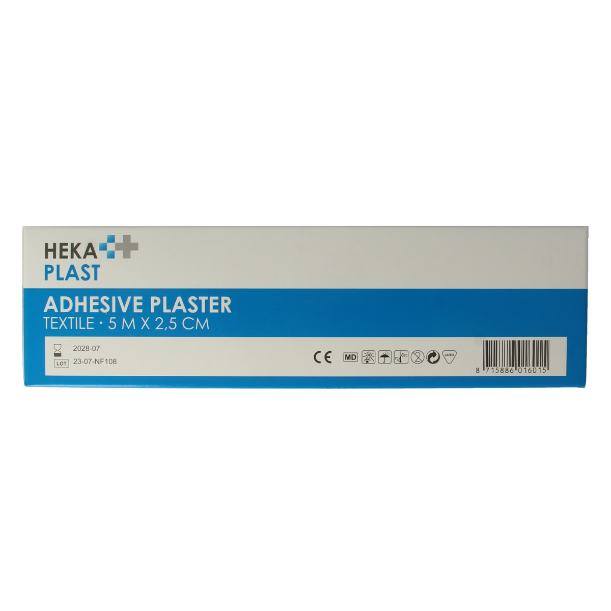 Hekaplast Hechtpleister textile bandages 5x2.5cm, pack of 12, shown on a white background with the bandages partially unwrapped.