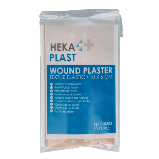 Heka Wondpleister 10cm x 6cm pack of 10, adhesive bandages and tape for wound care, with skin-friendly material.
