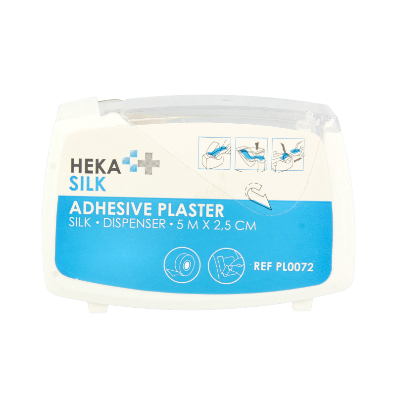 Hekapor silk dispenser tape 5m x 2.5cm, showing the sleek white silk tape roll for medical or wound care use.