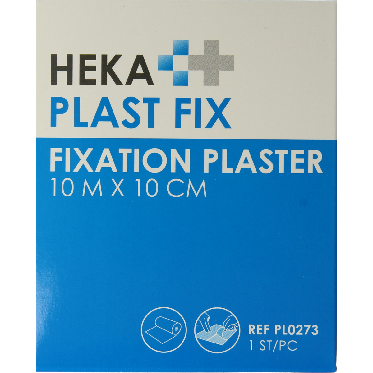 Hekaplast Fix adhesive bandage with protective cover, 10m x 10cm, on a roll, suitable for wound dressing and first aid.