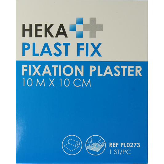 Hekaplast Fix adhesive bandage with protective cover, 10m x 10cm, on a roll, suitable for wound dressing and first aid.