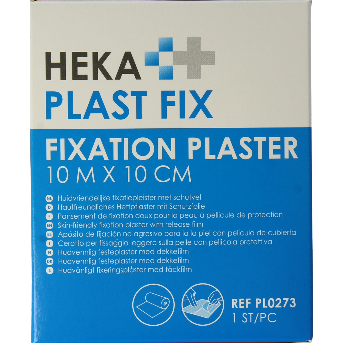 Hekaplast Fix adhesive bandage with protective pad, 10m x 10cm roll, for wound care, in a plastic wrap.