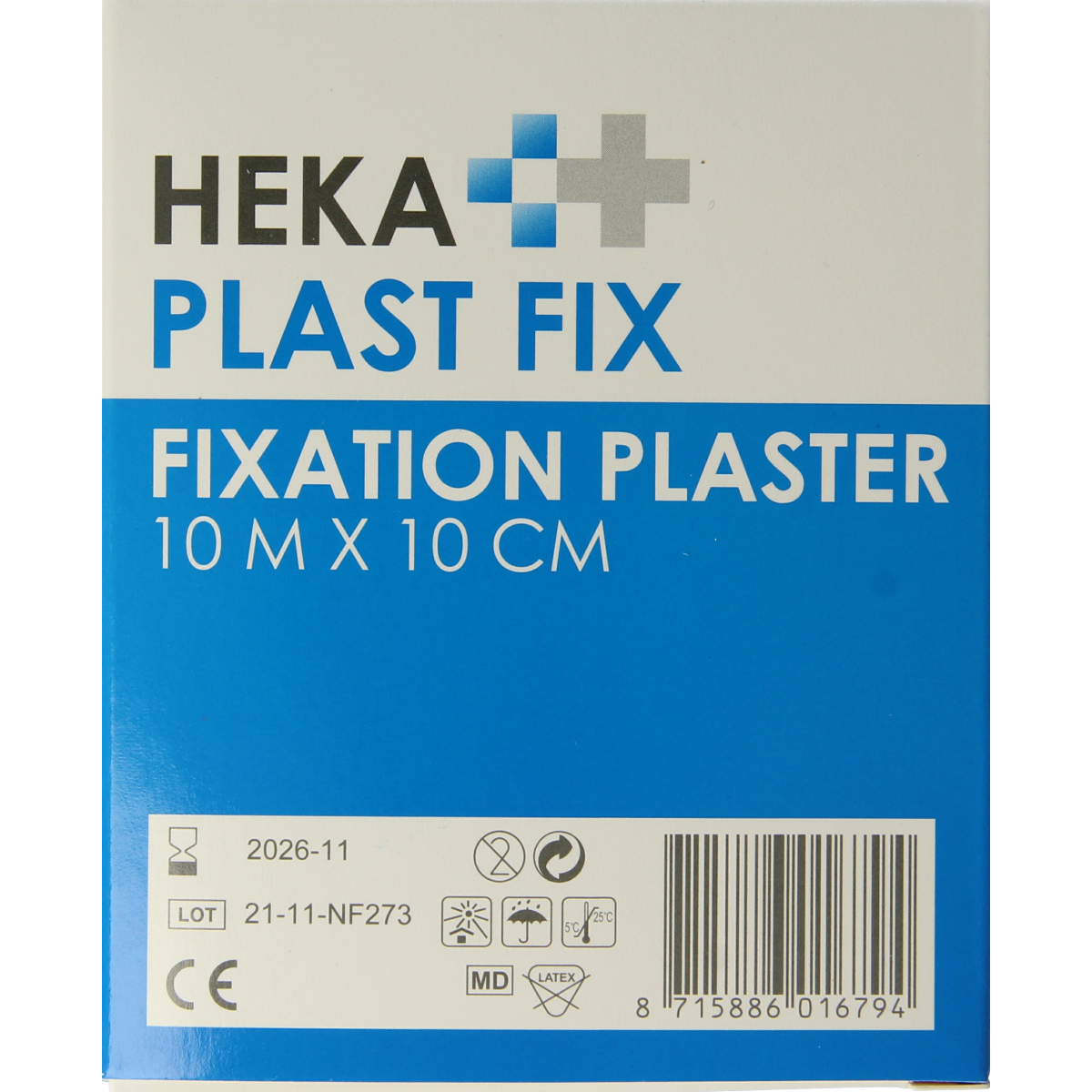 Hekaplast Fix adhesive bandage 10m x 10cm with protective backing, flexible medical tape for wound care, brand Hekaplast.