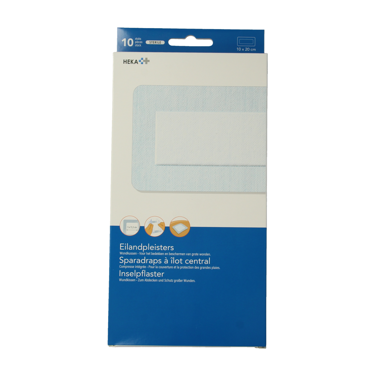 Sterile Hekaplast Eilandpleisters 10cm x 20cm, pack of 10, wound dressings and tape for first aid.