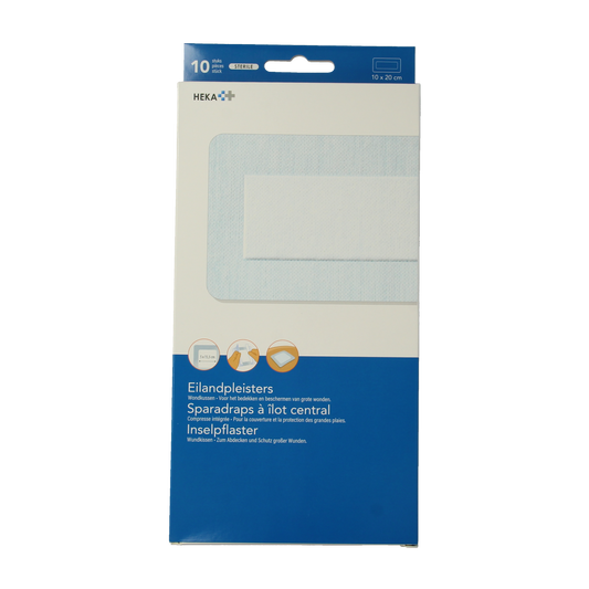 Sterile Hekaplast Eilandpleisters 10cm x 20cm, pack of 10, wound dressings and tape for first aid.
