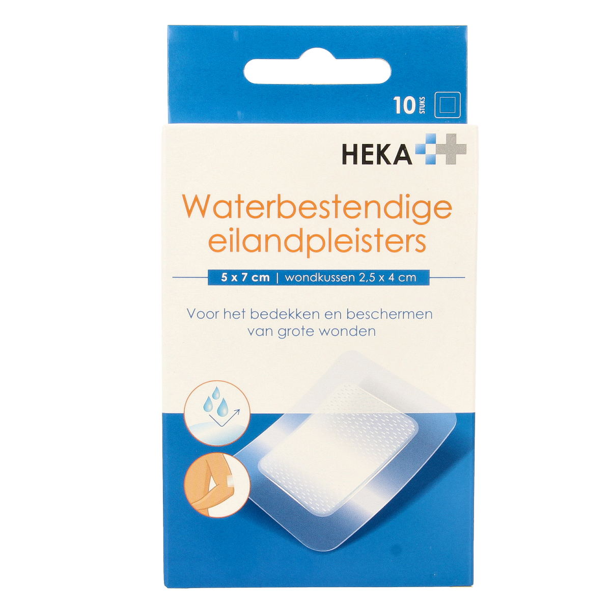 Heka Klein water-resistant Klein Eilandpleister, 5cm x 7cm, pack of 10, adhesive bandages for minor injuries.