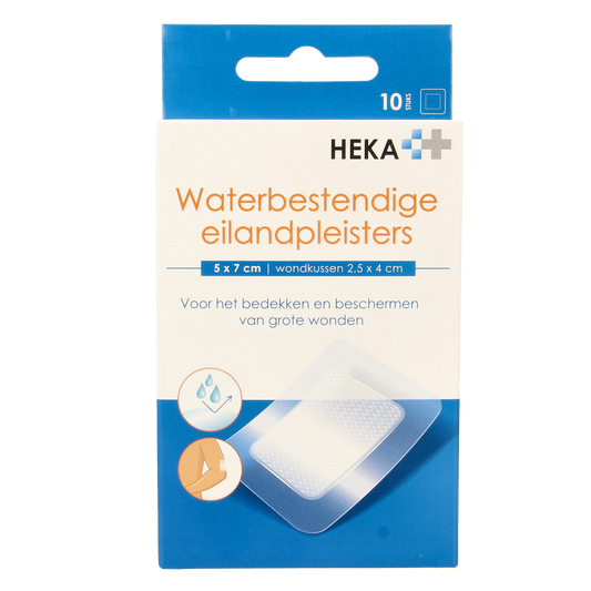 Heka Klein water-resistant Klein Eilandpleister, 5cm x 7cm, pack of 10, adhesive bandages for minor injuries.