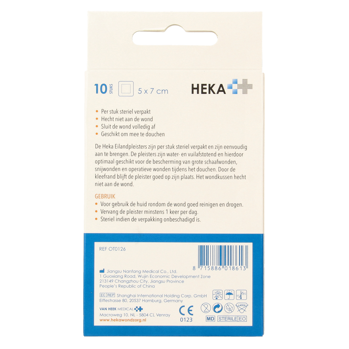 Heka Klein water-resistant Klein Eilandpleister 5cm x 7cm, pack of 10, showing adhesive bandages for minor wounds.