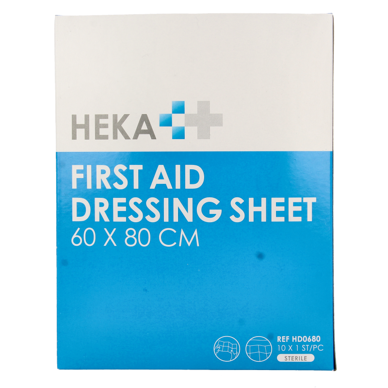 Set of 10 Heka quick bandage cloths, 60x80cm, for first aid and wound care, in a clean, organized display.