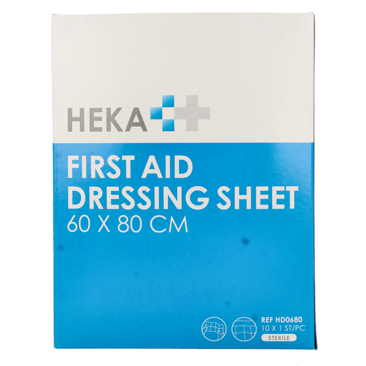 Set of 10 Heka quick bandage cloths, 60x80cm, for first aid and wound care, in a clean, organized display.