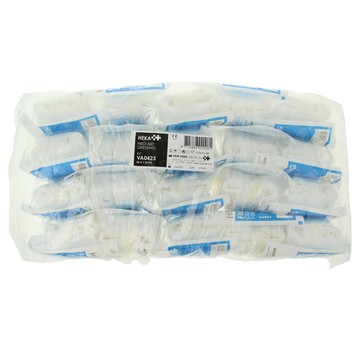 Heka snelverband nr. 3, 18x28cm, pack of 20, sterile elastic bandages for wound care, with adhesive tape and packaging.