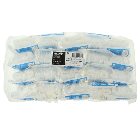 Heka snelverband nr. 3, 18x28cm, pack of 20, sterile elastic bandages for wound care, with adhesive tape and packaging.