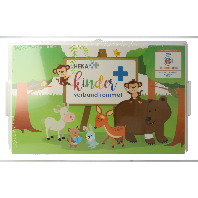 Heka Kinderverbandtrommel first aid kit set with colorful bandages and medical supplies for children, branded Heka, in a compact container.