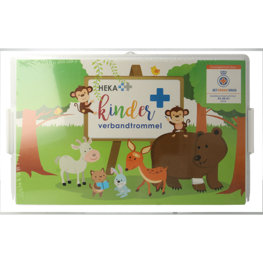 Heka Kinderverbandtrommel first aid kit set with colorful bandages and medical supplies for children, branded Heka, in a compact container.