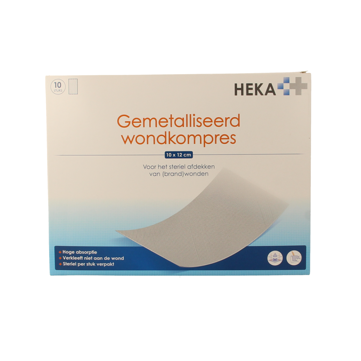 Sterile Heka Klein Wondkompres, 10x12cm, gold-colored, pack of 10, for medical wound care, made of gauze and compress material.