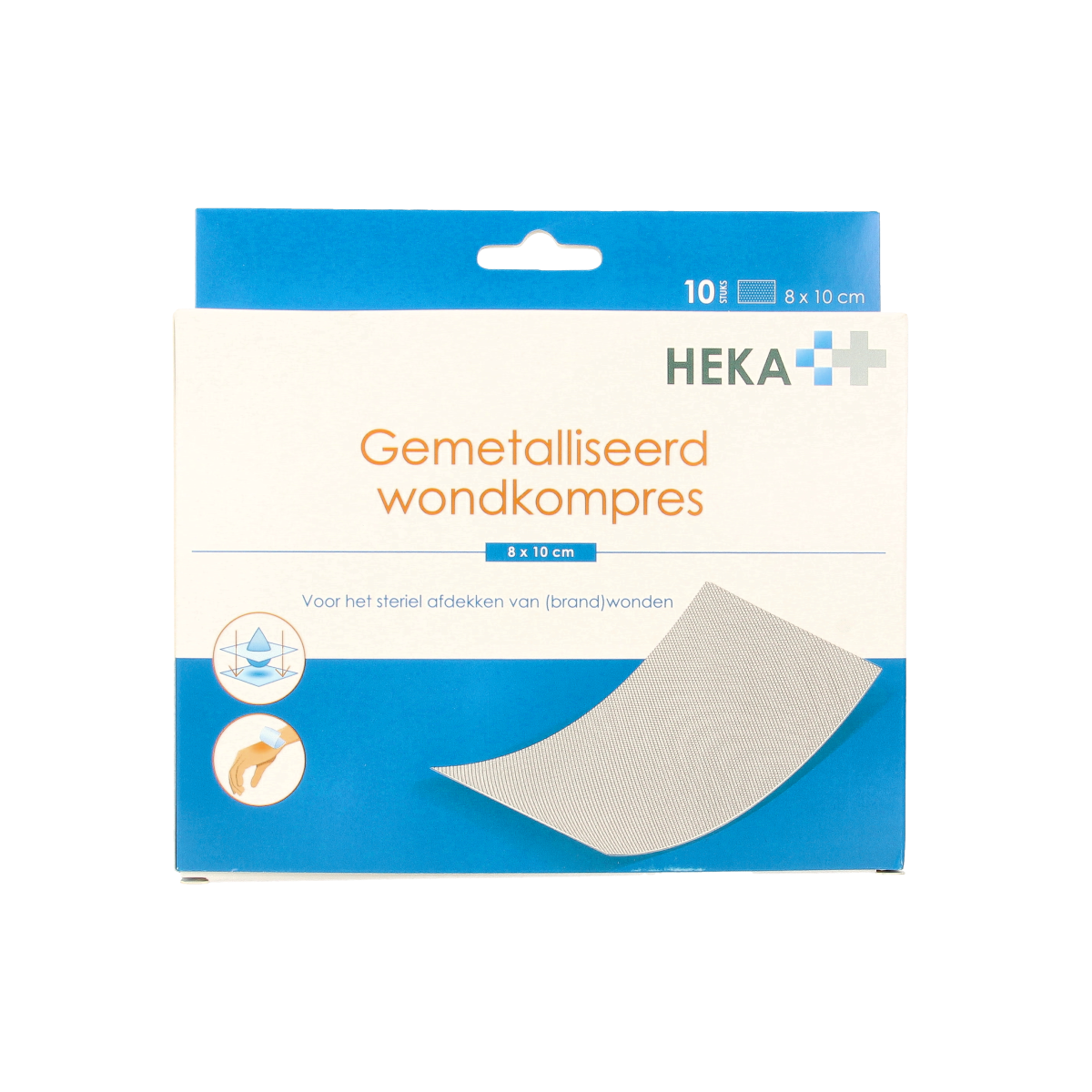 Sterile Heka Klein wound compress gauze, 8x10cm, gemetalliseerd, pack of 10, for medical wound care.