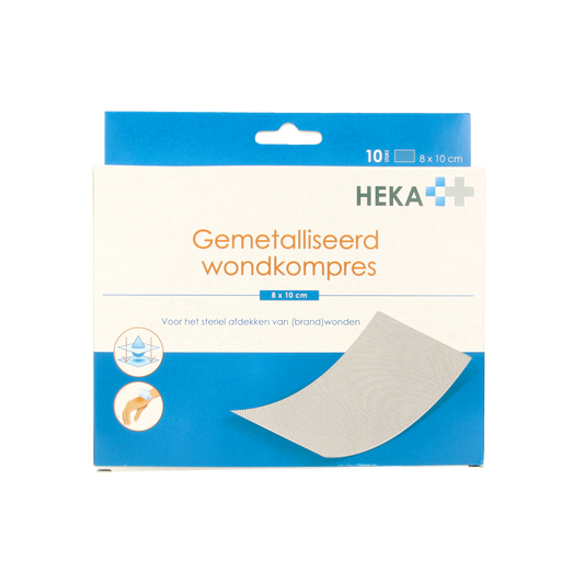 Sterile Heka Klein wound compress gauze, 8x10cm, gemetalliseerd, pack of 10, for medical wound care.