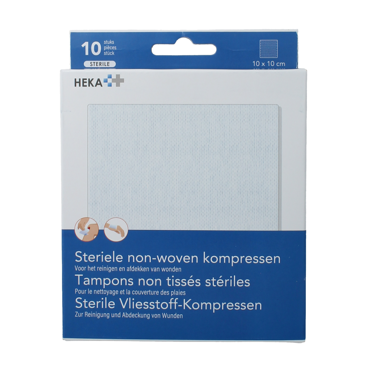 Heka Klein non-woven kompres 10x10cm, sterile wound dressing, pack of 10 for first aid and compression use.