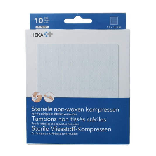 Heka Klein non-woven kompres 10x10cm, sterile wound dressing, pack of 10 for first aid and compression use.