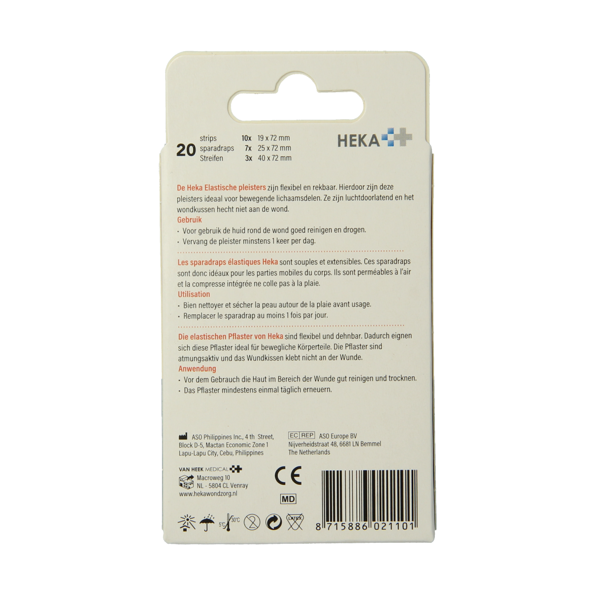 Heka elastische pleisters mix, set of 20, soft stretch bandages for wound care and support, shown in the image.