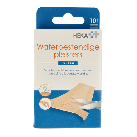 Heka water-resistant adhesive bandages, 10 x 6 cm, pack of 10, suitable for wound care and moisture protection.