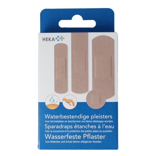 Waterproof Heka Wondpleister pack with 20 adhesive bandages, designed for effective wound protection and healing.