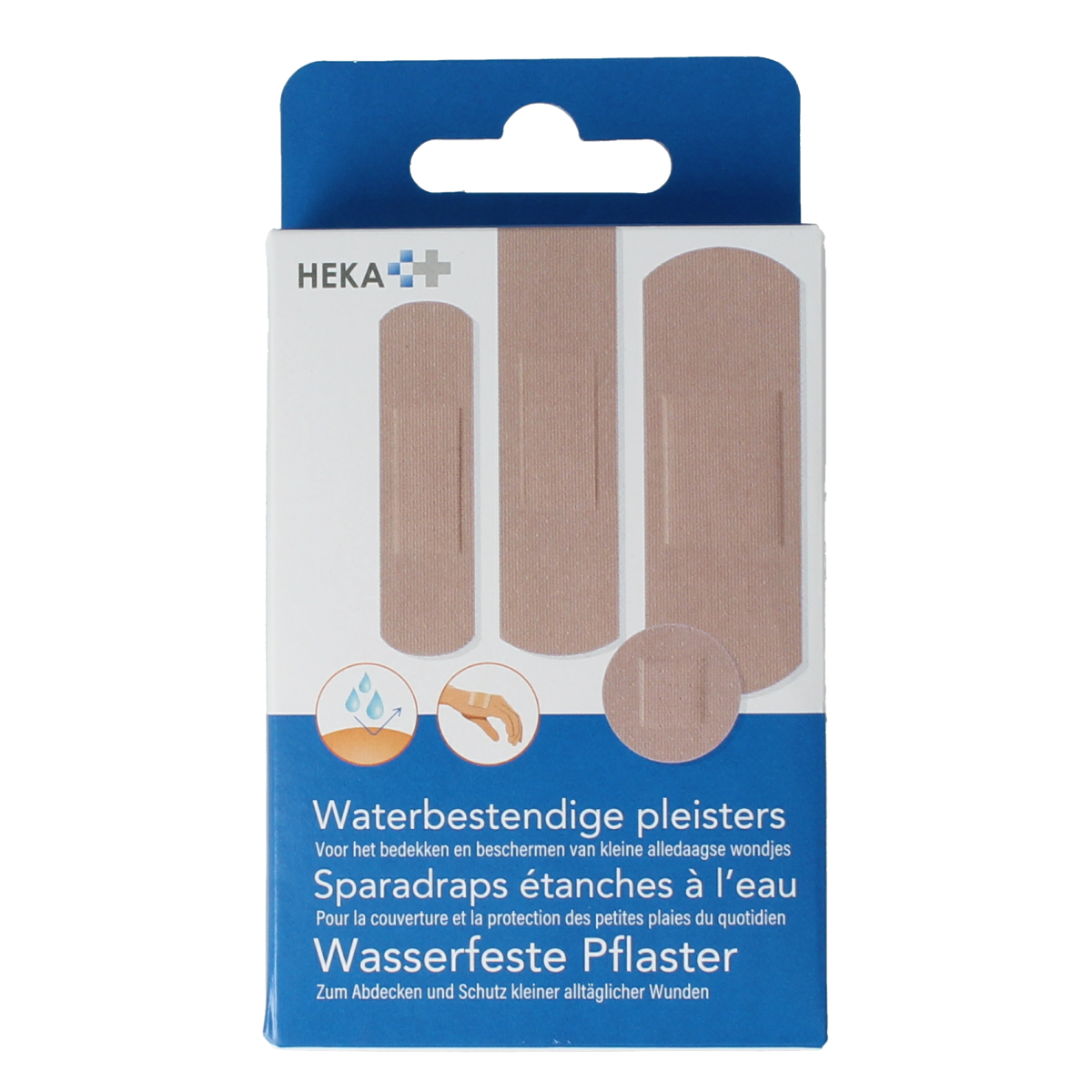 Waterproof Heka Wondpleister pack with 20 strips, suitable for wound care and protection, featuring water-resistant adhesive tape.