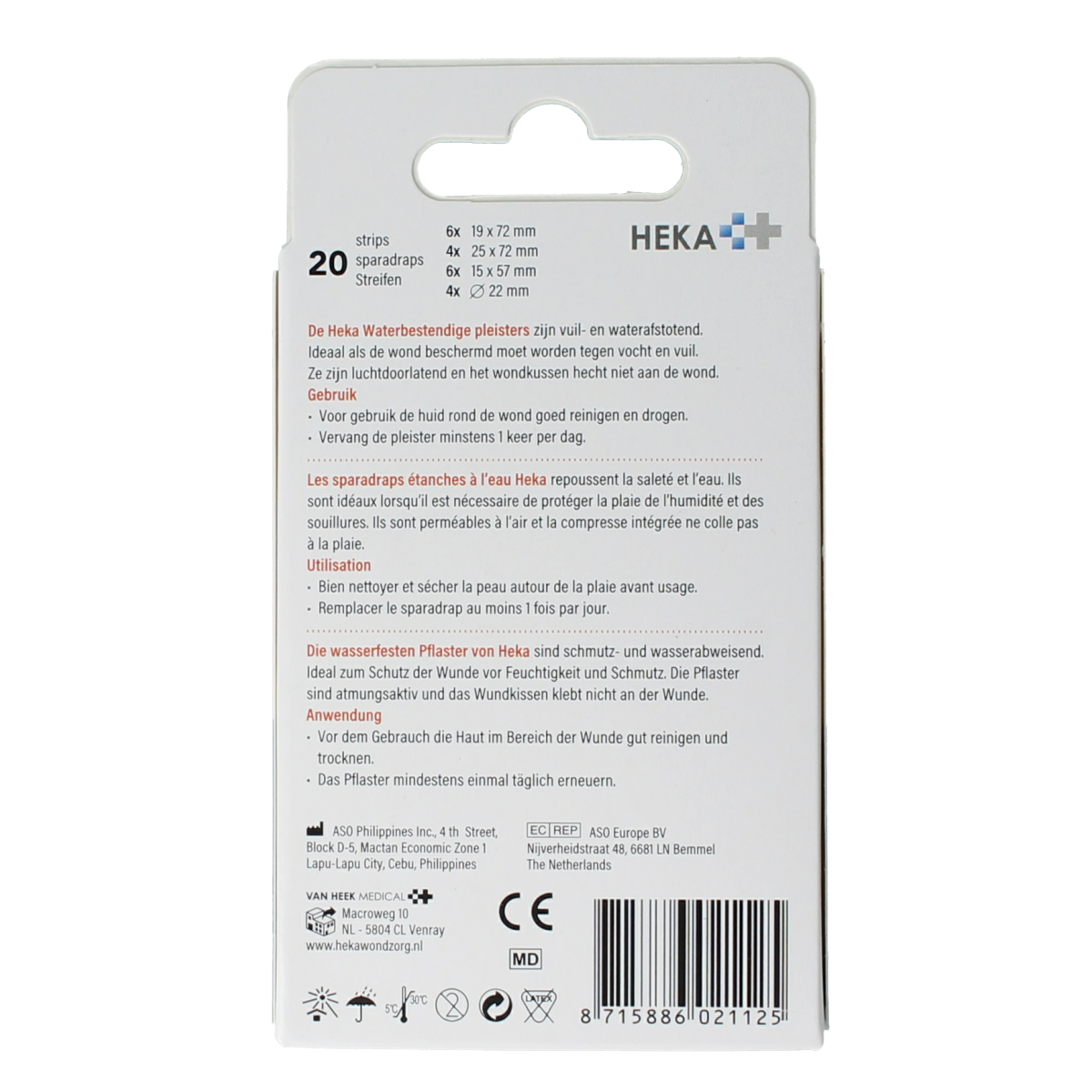 Waterproof Heka Wondpleister pack of 20, adhesive bandages for wounds, durable and skin-friendly medical tape.
