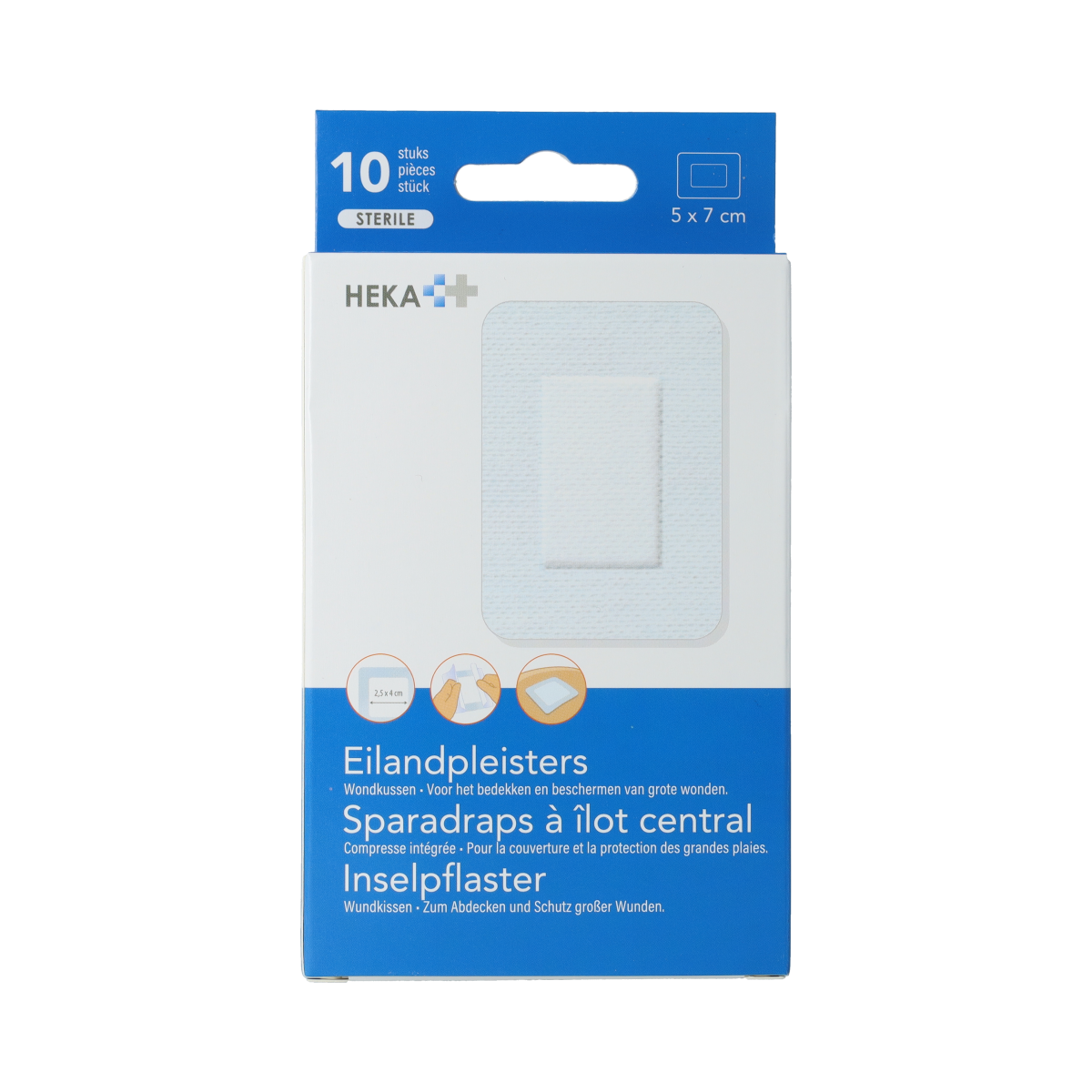 Hekaplast Eilandpleister 5cm x 7cm pack of 10 adhesive bandages for wound care, shown in the image.
