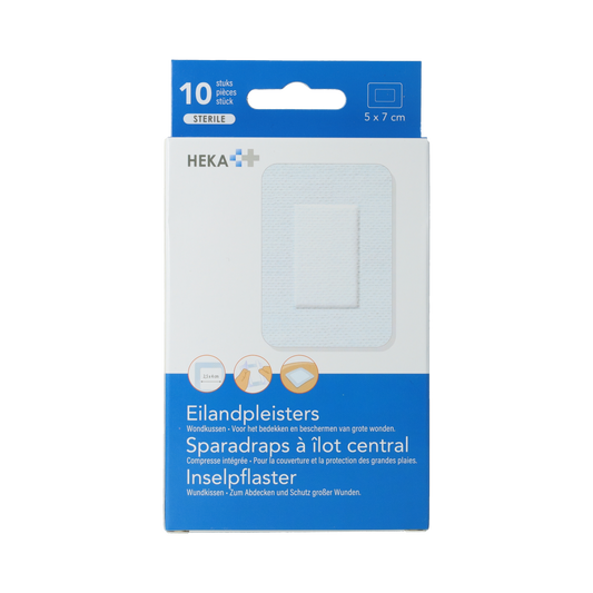 Hekaplast Eilandpleister 5cm x 7cm pack of 10 adhesive bandages for wound care, shown in the image.